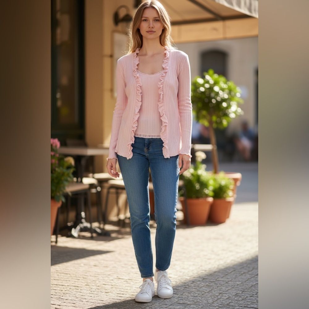 Ralph Lauren Black Label Pink Lace Ruffle Tank Top and Cardigan Sweater Set M